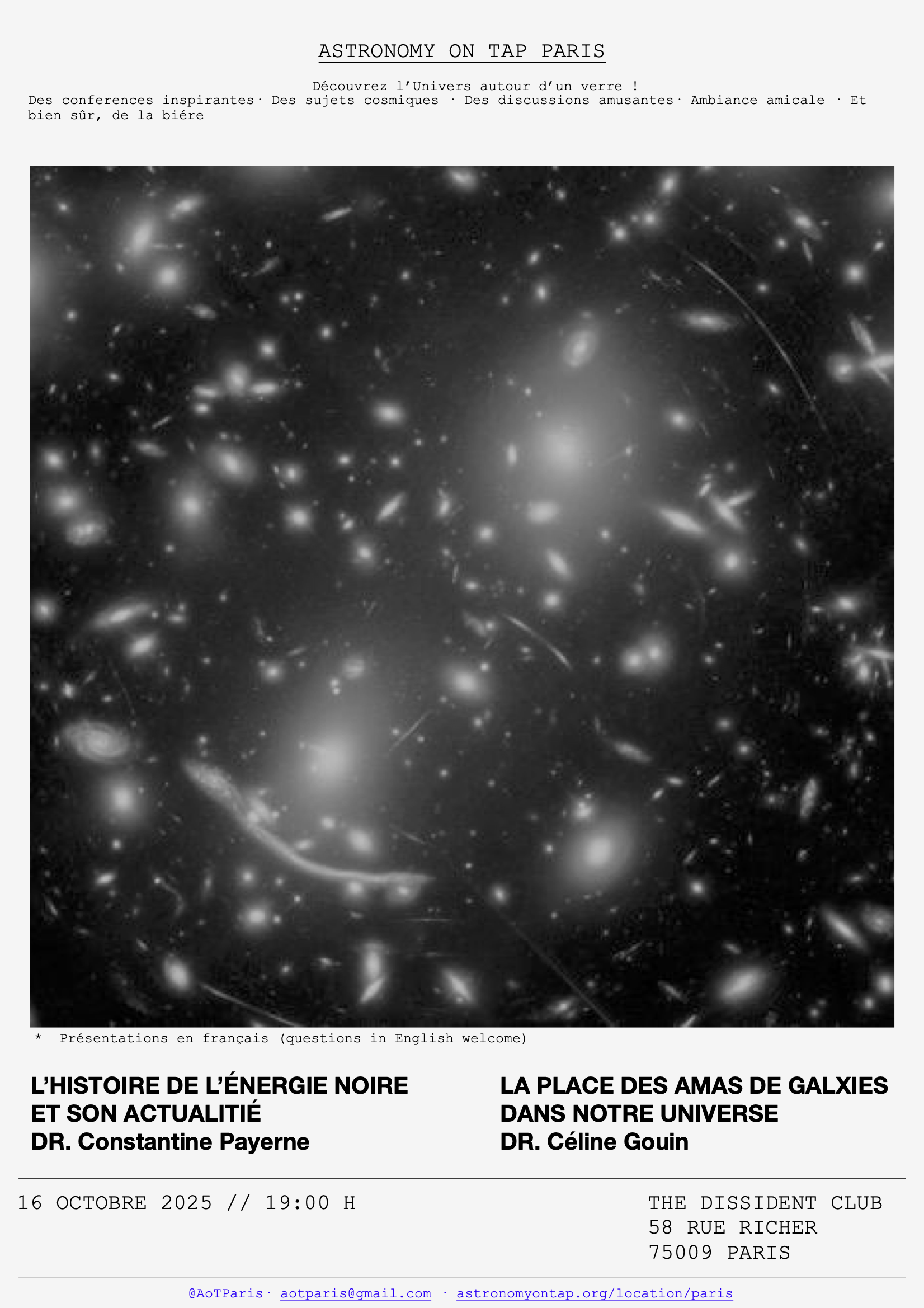 Astronomy on Tap Paris poster for energy noire and galaxy clusters talks.