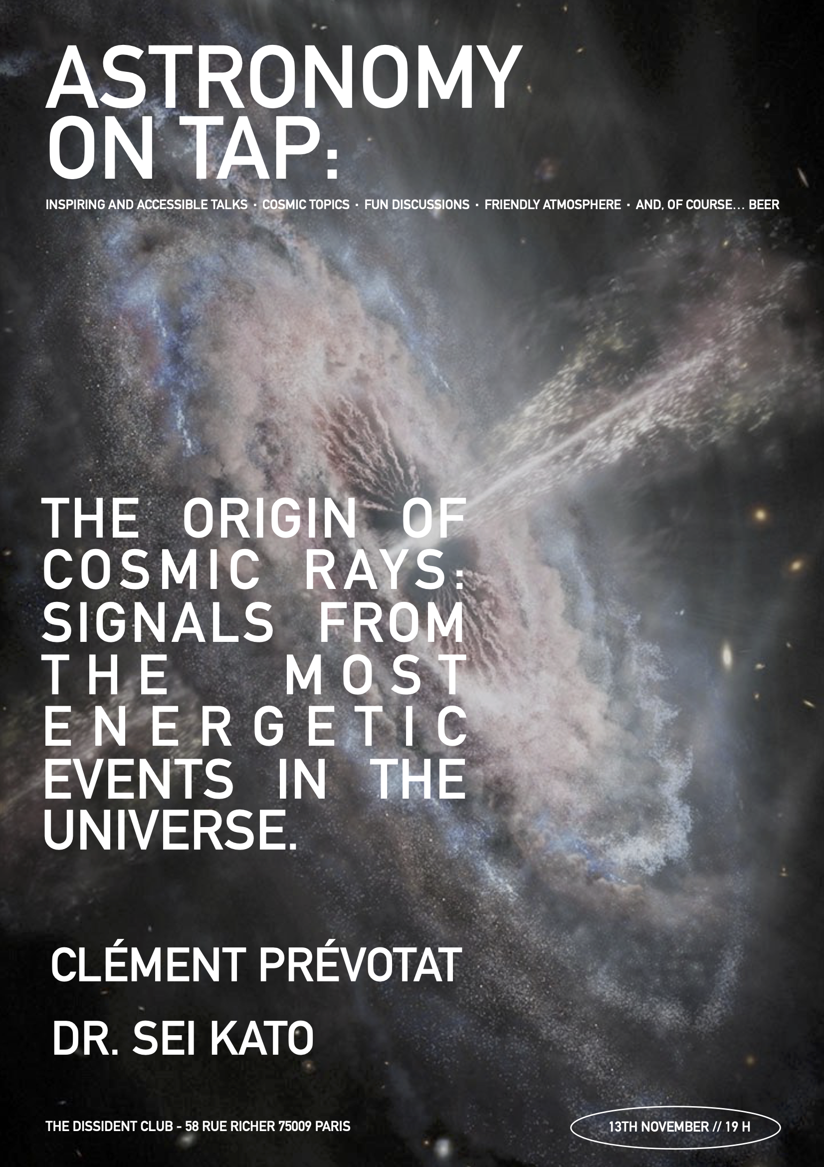 Astronomy on Tap poster for 'The origin of cosmic rays'.