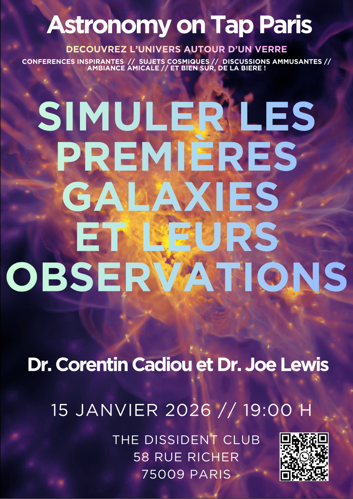 Astronomy on Tap Paris poster for 'Simuler les premieres galaxies et leurs observations'.