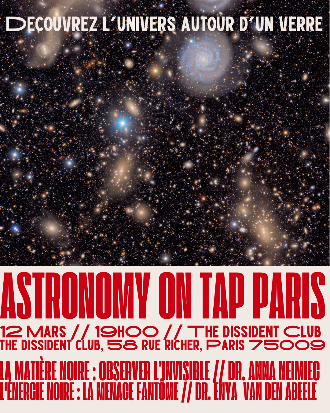Astronomy on Tap Paris poster for talks on dark matter and dark energy.