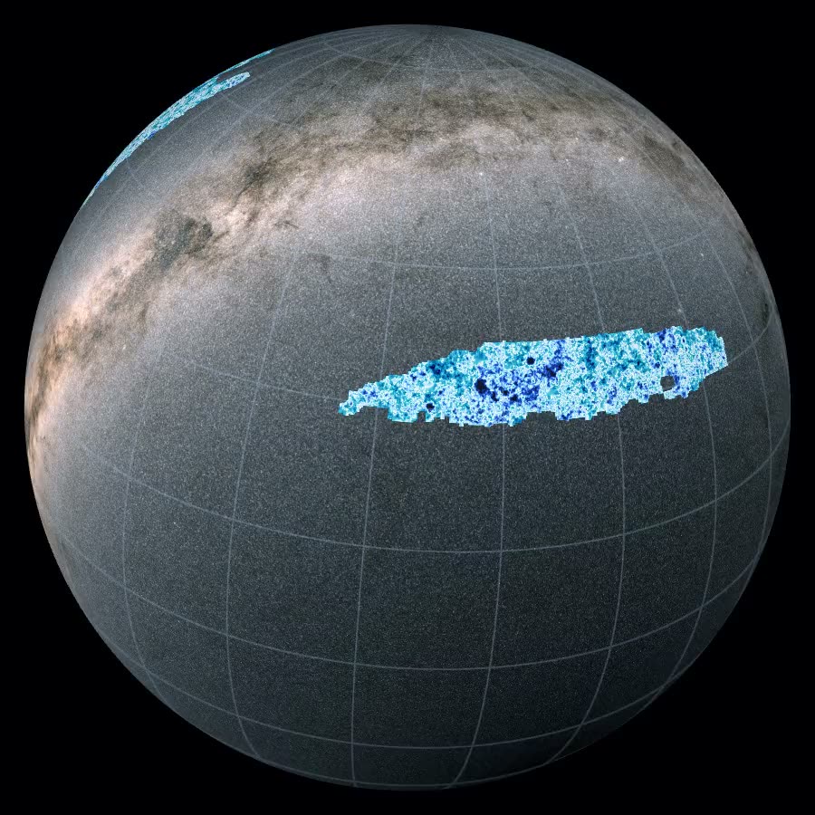 The sky as a globe, with the UNIONS survey footprint picked out in blue.